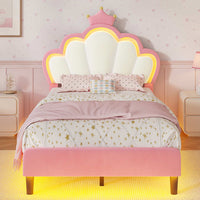 Sikaic Bed Frame Girls Twin Bed Frame with Princess Crown and LED Velvet Upholstered Platform Pink Pink / Twin / Engineered Wood