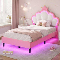 Sikaic Bed Frame Girls Twin Bed Frame with Princess Crown and LED Velvet Upholstered Platform Pink Pink / Twin / Engineered Wood