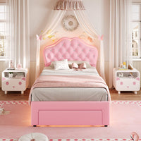 Sikaic Bed Frame Twin Size Velvet Princess Platform RGB LED Bed with Storage Drawers and Adjustable Crystal Button Headboard Pink Pink / Twin Size / Engineered Wood