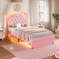 Sikaic Bed Frame Twin Size Velvet Princess Platform RGB LED Bed with Storage Drawers and Adjustable Crystal Button Headboard Pink Pink / Twin Size / Engineered Wood