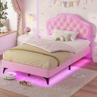Sikaic Bed Frame Velvet Princess Platform RGB LED Bed Frame with Storage Drawers and Adjustable Crystal Button Headboard Creamy Pink Pink / Twin Size