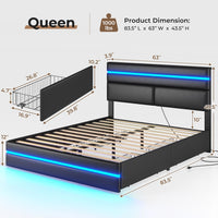 Sikaic Bed Frame Platform Metal Bed Frame with Charging Station and  LED Lights Headboard & 4 Drawers No Box Spring Needed Black