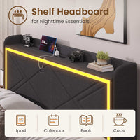 Sikaic Bed Frame PU Leather LED Bed Frame with Charging Station Storage Headboard Grey
