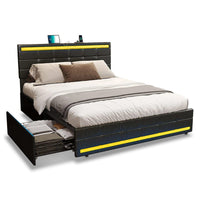 Sikaic Bed Frame PU Leather Platform Bed Frame with 4 Storage Drawers Black