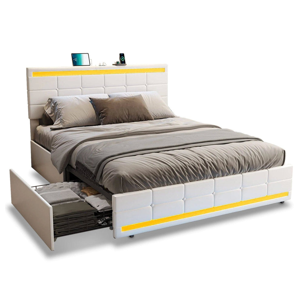Sikaic Bed Frame PU Leather Platform Bed Frame with 4 Storage Drawers White