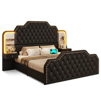 Sikaic Bed Frame PU Leather Upholstered LED Bed Frame with 2 Nightstands 2 Mirrors Black