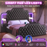 Sikaic Bed Frame PU Leather Upholstered Led Bed Frame with Storage Drawers Outlets & Nightstands Black