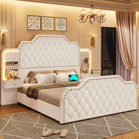Sikaic Bed Frame PU Leather Upholstered Led Bed Frame with Storage Drawers Outlets & Nightstands White