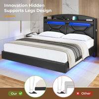 Sikaic Bed Frame RGB LED Floating Platform Bed Frame with Type-C Charging Station & Storage Headboard No Box Spring Needed PU Black