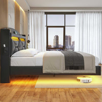 Sikaic Bed Frame RGB LED Floating Platform Bed Frame with Type-C Charging Station & Storage Headboard No Box Spring Needed PU Black