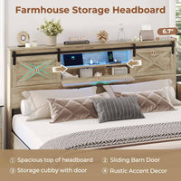 Sikaic Bed Frame Farmhouse King Size Wooden Platform Bed Frame with LED Lights and Charging Station Storage Drawers Sliding Barn Door Headboard Rustic Oak