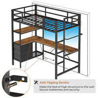 Sikaic Bed Frame LED Loft Metal Twin Size Bed Frame with L Shaped Desk Charging Station Drawers Storage Shelves and Safety Guard & Ladder No Box Spring Needed Black
