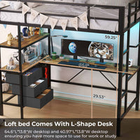 Sikaic Bed Frame LED Loft Metal Twin Size Bed Frame with L Shaped Desk Charging Station Drawers Storage Shelves and Safety Guard & Ladder No Box Spring Needed Black