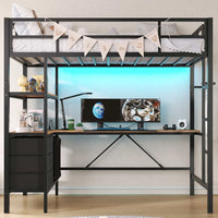 Sikaic Bed Frame LED Loft Metal Twin Size Bed Frame with L Shaped Desk Charging Station Drawers Storage Shelves and Safety Guard & Ladder No Box Spring Needed Black