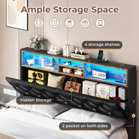 Sikaic Bed Frame Upholstered Platform Bed Frame with LED Lights & Charging Station Hidden Storage Headboard and 4 Drawers PU Black