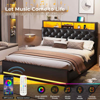 Sikaic Bed Frame Upholstered Platform Bed Frame with LED Lights & Charging Station Hidden Storage Headboard and 4 Drawers PU Black