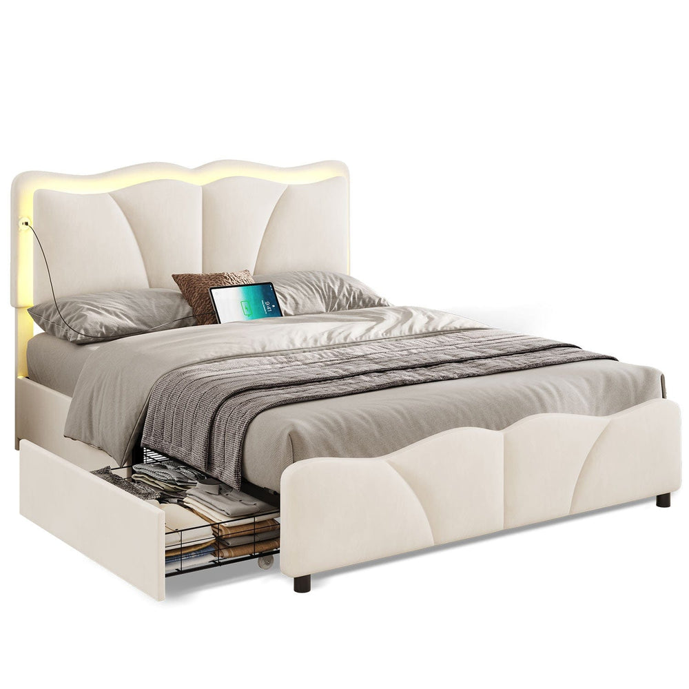 Sikaic Bed Frame Upholstered Platform LED Bed Frame with Drawers White