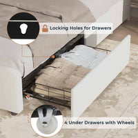 Sikaic Bed Frame Upholstered Platform Led Bed Frame with USB Ports Drawers White