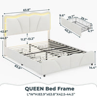 Sikaic Bed Frame Upholstered Platform Led Bed Frame with USB Ports Drawers White
