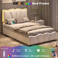 Sikaic Bed Frame Upholstered Platform Led Bed Frame with USB Ports Drawers White