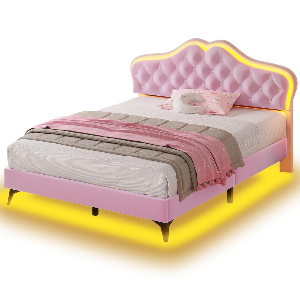 Sikaic Bed Frame Velvet Princess LED Bed with Drawers Pink