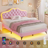 Sikaic Bed Frame Velvet Princess Platform RGB LED Bed Frame with Storage Drawers and Adjustable Crystal Button Headboard Creamy Pink