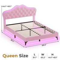 Sikaic Bed Frame Velvet Princess Platform RGB LED Bed Frame with Storage Drawers and Adjustable Crystal Button Headboard Creamy Pink