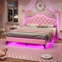 Sikaic Bed Frame Velvet Princess Platform RGB LED Bed Frame with Storage Drawers and Adjustable Crystal Button Headboard Creamy Pink