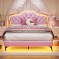 Sikaic Bed Frame Velvet Princess Platform RGB LED Bed Frame with Storage Drawers and Adjustable Crystal Button Headboard Creamy Pink