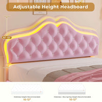 Sikaic Bed Frame Velvet Princess Platform RGB LED Bed Frame with Storage Drawers and Adjustable Crystal Button Headboard Creamy Pink
