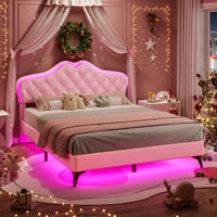 Sikaic Bed Frame Velvet Princess Platform RGB LED Bed Frame with Storage Drawers and Adjustable Crystal Button Headboard Creamy Pink