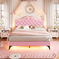 Sikaic Bed Frame Velvet Princess Platform RGB LED Bed Frame with Storage Drawers and Adjustable Crystal Button Headboard Creamy Pink