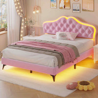 Sikaic Bed Frame Velvet Princess Platform RGB LED Bed Frame with Storage Drawers and Adjustable Crystal Button Headboard Creamy Pink