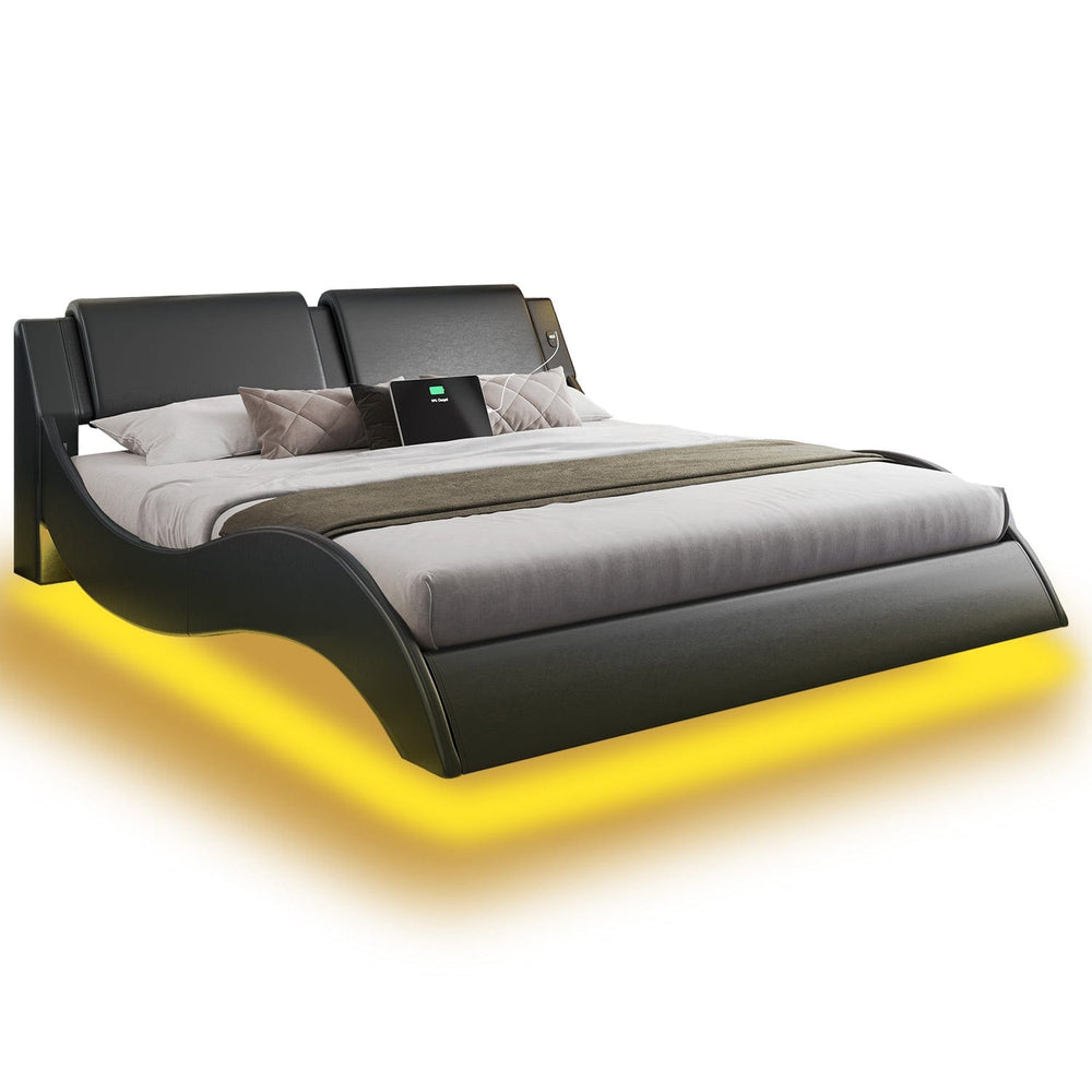 Sikaic Bed Frame Wave Like Curve LED Bed Frame Black