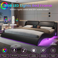 Sikaic Bed Frame Wave Like Curve LED Lighting Bed Frame with Charging Ports and Headboard Black