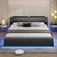 Sikaic Bed Frame Wave Like Curve LED Lighting Bed Frame with Charging Ports and Headboard Black