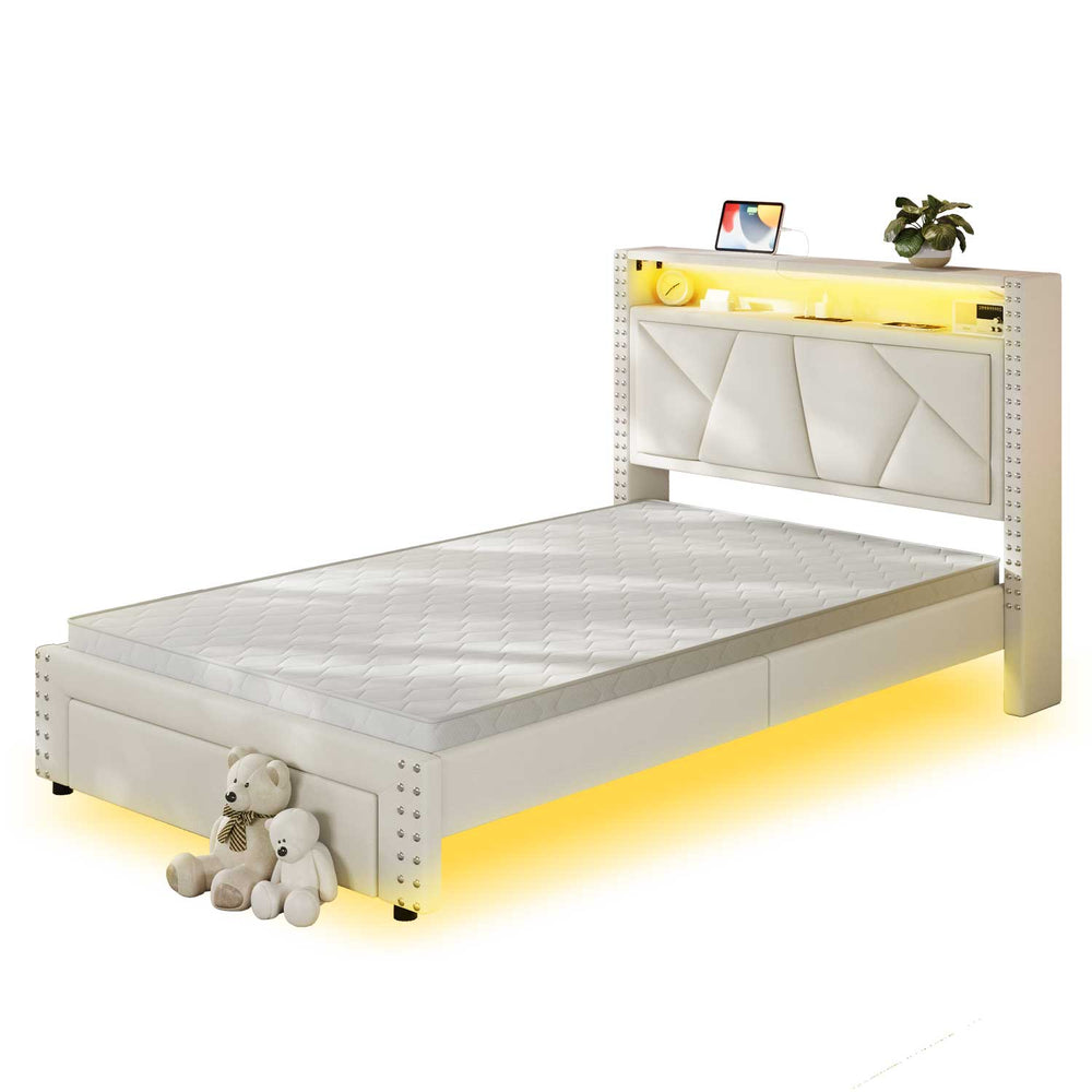 Sikaic Bed Frame Twin LED Bed Frame White White / Engineered Wood / Modern