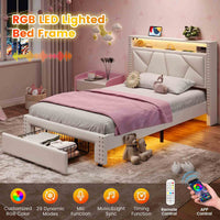 Sikaic Bed Frame Twin Size  LED Upholstered Platform Bed Frame with Charging Station and Shelf Headboard & 2 Storage Drawers Cream White White / Engineered Wood / Modern