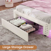 Sikaic Bed Frame Twin Size  LED Upholstered Platform Bed Frame with Charging Station and Shelf Headboard & 2 Storage Drawers Cream White White / Engineered Wood / Modern