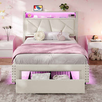 Sikaic Bed Frame Twin Size  LED Upholstered Platform Bed Frame with Charging Station and Shelf Headboard & 2 Storage Drawers Cream White White / Engineered Wood / Modern