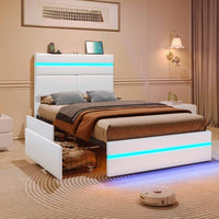 Sikaic Bed Frame Upholstered Twin Led Bed Frame with 4 Storage Drawers & Headboard and Charging Station No Box Spring Needed White White / Faux leather / Modern