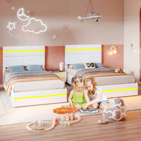 Sikaic Bed Frame Upholstered Twin Led Bed Frame with 4 Storage Drawers & Headboard and Charging Station No Box Spring Needed White White / Faux leather / Modern