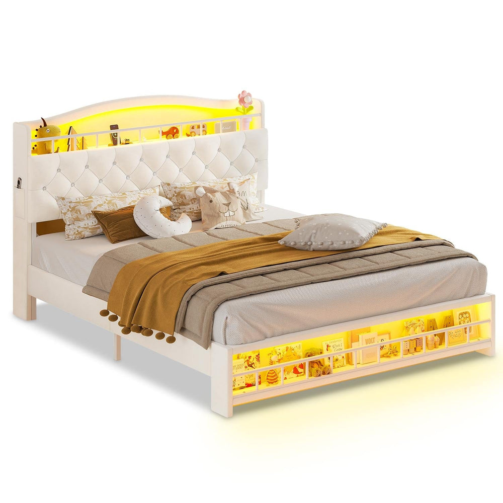 Sikaic Bed Frame Full Princess Velvet Upholstered LED Bed Frame White White / Full / Engineered Wood