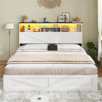 Sikaic Bed Frame Full Size Bed Frame with 4 Storage Drawers and Charging Station White White / Full / Engineered Wood