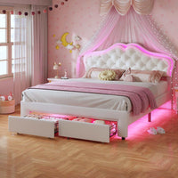 Sikaic Bed Frame Full Size Velvet Princess Platform RGB LED Bed with Storage Drawers and Adjustable Crystal Button Headboard Creamy White White / Full Size / Engineered Wood