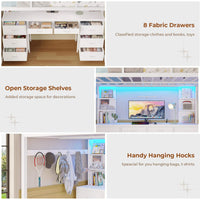 Sikaic Bed Frame Full Metal Loft LED Bed Frame with 8 Storage Drawers & Charging Station and 4 Open Storage Shelves White White / Full Size / Steel