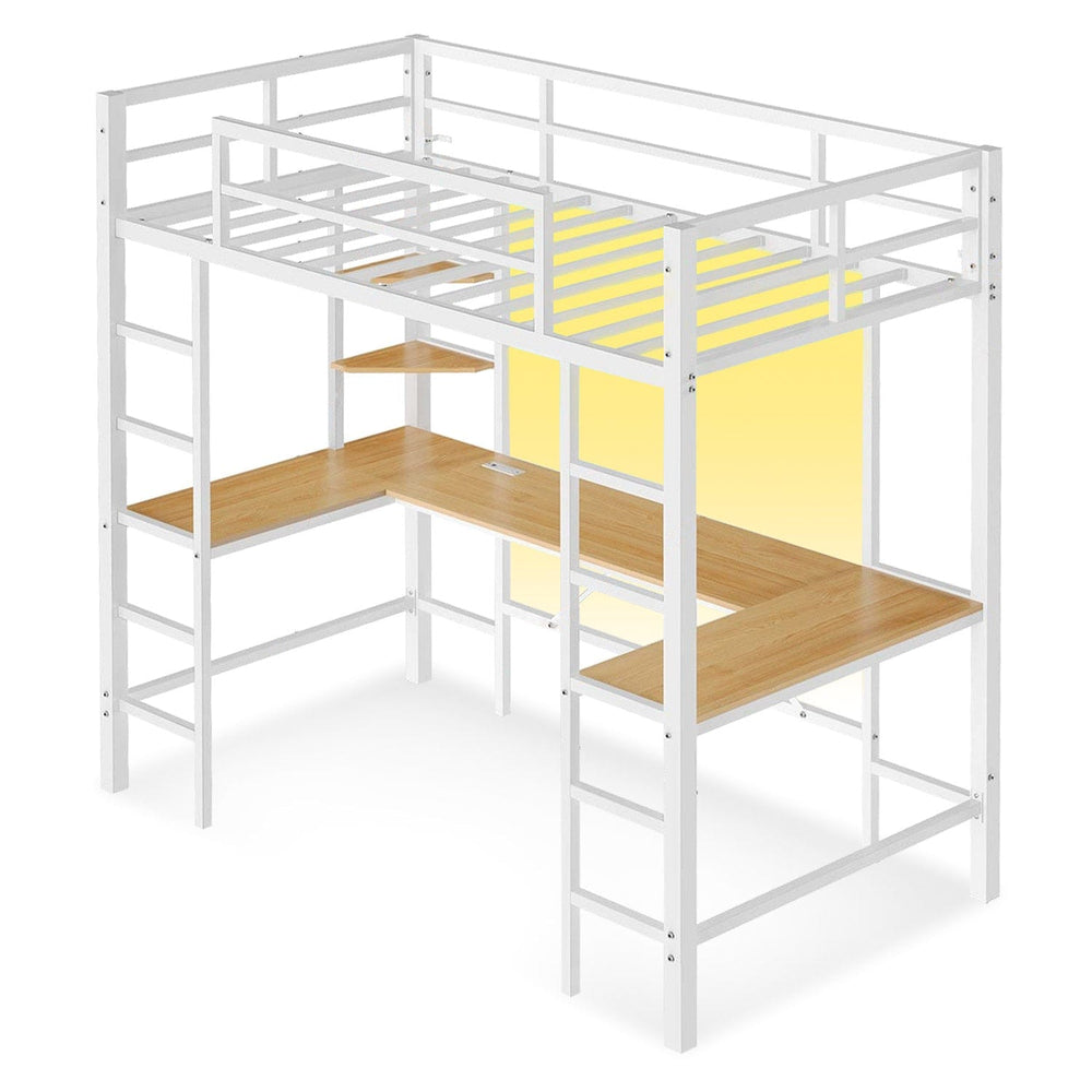 Sikaic Bed Frame LED Twin Size Metal Loft Bed Frame with U Shaped Desk White White / Metal / Modern