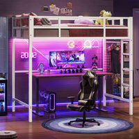 Sikaic Bed Frame Heavy Duty Metal Loft Twin Size Bed Frame with Led Lights and Full-Length Guardrail & Ladder No Box Spring Needed White White / Twin / Modern