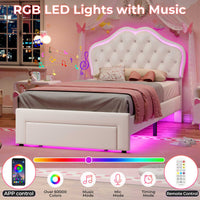 Sikaic Bed Frame Twin Size Velvet Princess Platform RGB LED Bed with Storage Drawers and Adjustable Crystal Button Headboard Creamy White White / Twin Size / Engineered Wood