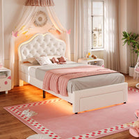 Sikaic Bed Frame Twin Size Velvet Princess Platform RGB LED Bed with Storage Drawers and Adjustable Crystal Button Headboard Creamy White White / Twin Size / Engineered Wood